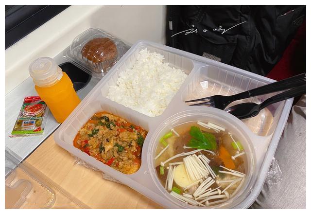 实拍泰国火车上的盒饭,30人民币,有菜有饭有汤,还有甜品和饮料