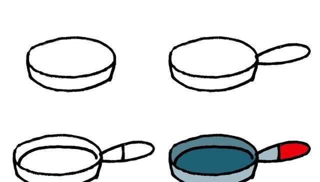 平底锅五,平底锅的画法:画出锅身;加上锅把手;画出锅内部结构和把手