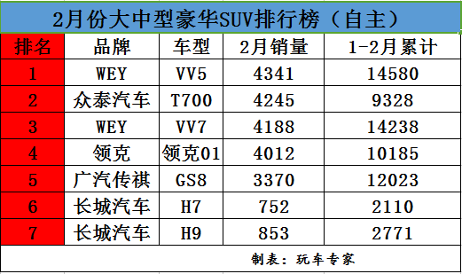 2月大中型豪华SUV销量PK 众泰T700和VV5齐名 您会买谁?