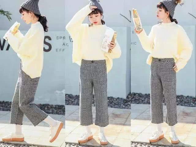 1米5小个子穿格子阔腿裤,搭配小白鞋最显高好