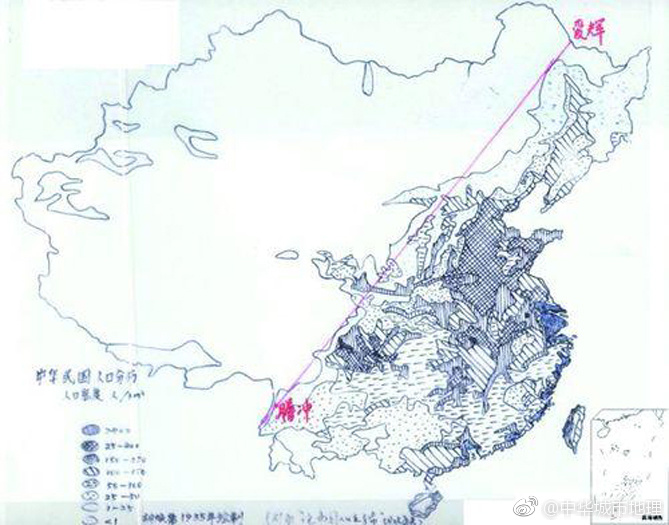1935年胡焕庸手绘人口分界线原图