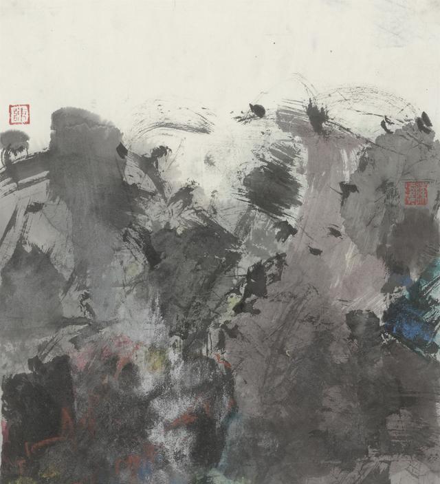 当代中国画的新变种,墨里加了铝粉,油画棒,国画颜料