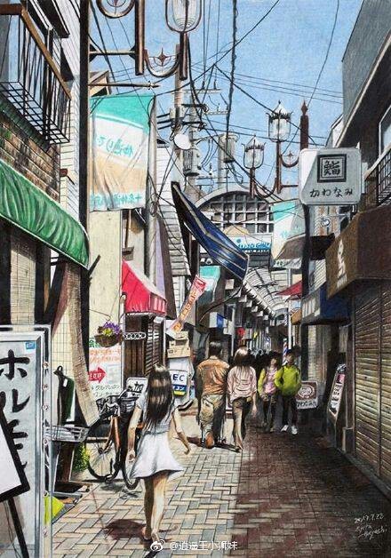 以彩色铅笔描绘出日本街道的静谧美景。丨艺术家Ryota Hayashi。