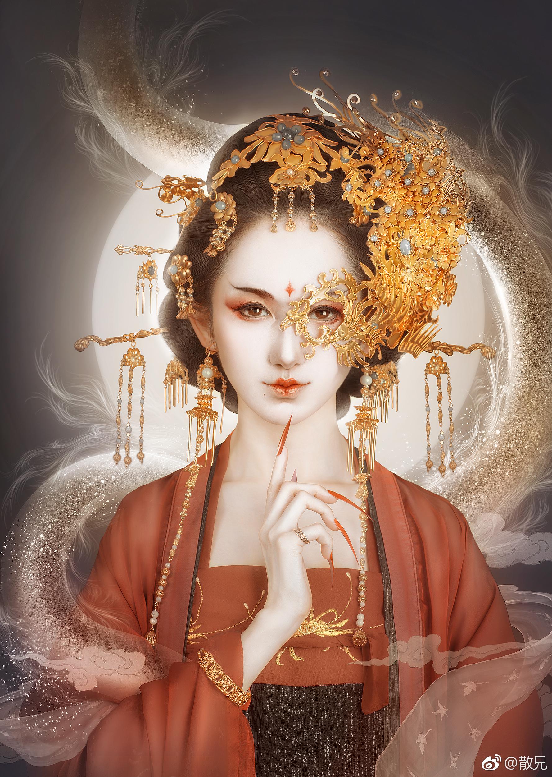 古风女皇半面脸手绘