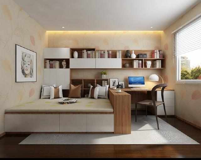 将次卧的书房设计成榻榻米和书桌一体,书柜做成吊柜无疑是小户型扩容