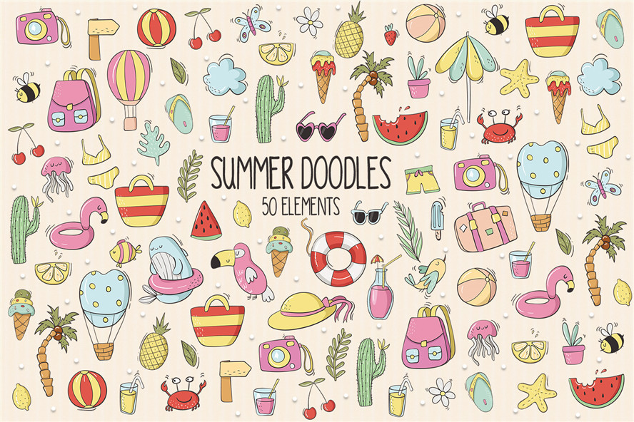 夏日动物甜品美食卡通手绘夏季可爱涂鸦矢量画ai设计素材 更多详情