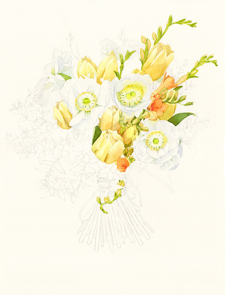 《春之精灵》花束水彩绘画步骤图来自画师@苏