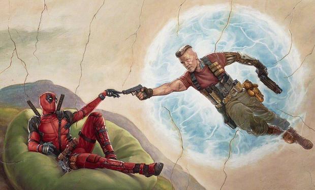 小贱贱携电索cos米开朗基罗《创世纪》,《死侍2》新海报恶搞名画