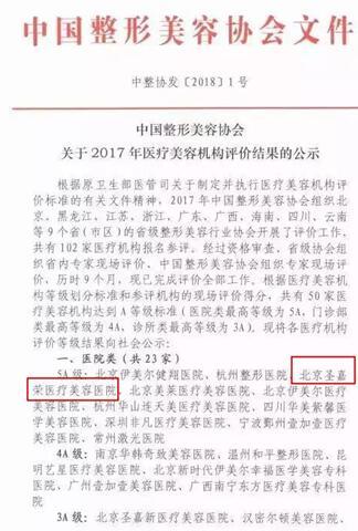 北京圣嘉荣当选全国5A级医疗美容医院医美正