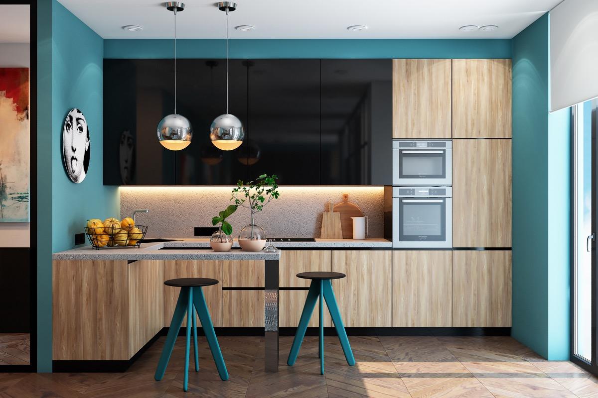 120平方米的房子厨房蓝色橱柜设计效果图_装信通网效果图
