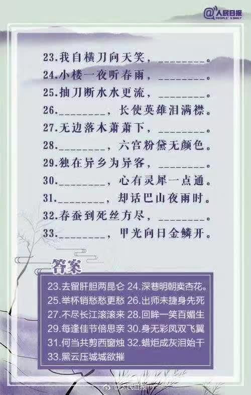人民日报: 2018中考100句必考古诗词, 必须背,