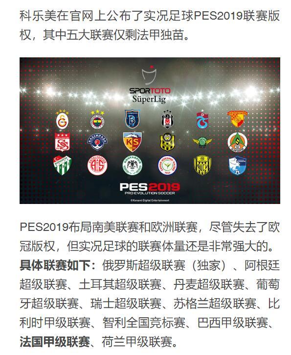科乐美在官网上公布了实况足球PES2019联赛