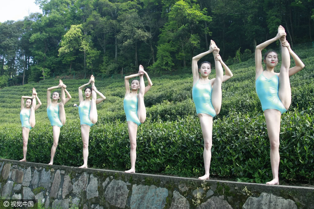 瑜伽美女茶园里秀身材,高难度一字马太厉害