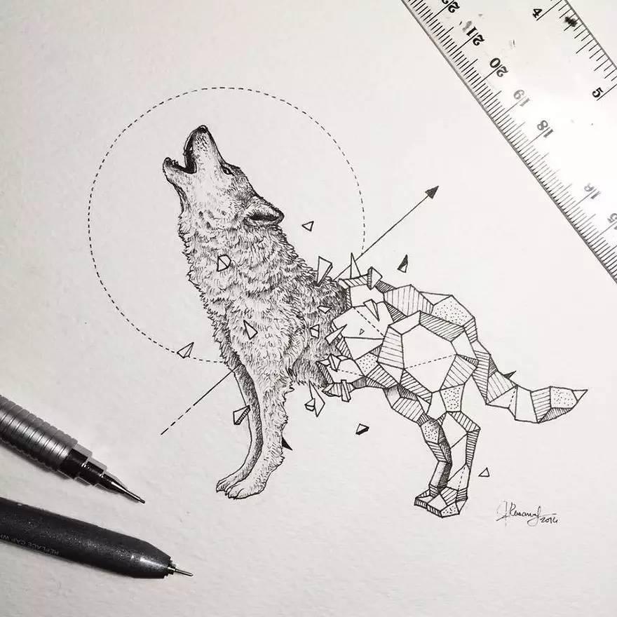 几何与动物结合的铅笔画, 有一种特殊之美!