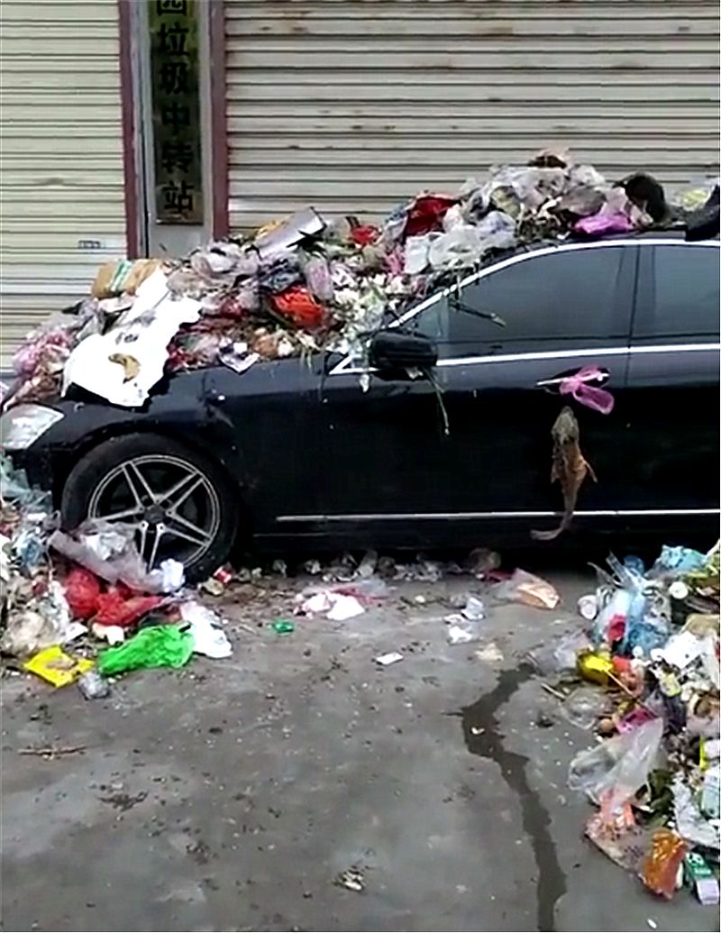 百万奔驰乱停,第二天车主取车时,车身满是垃圾,门上还有2条鱼