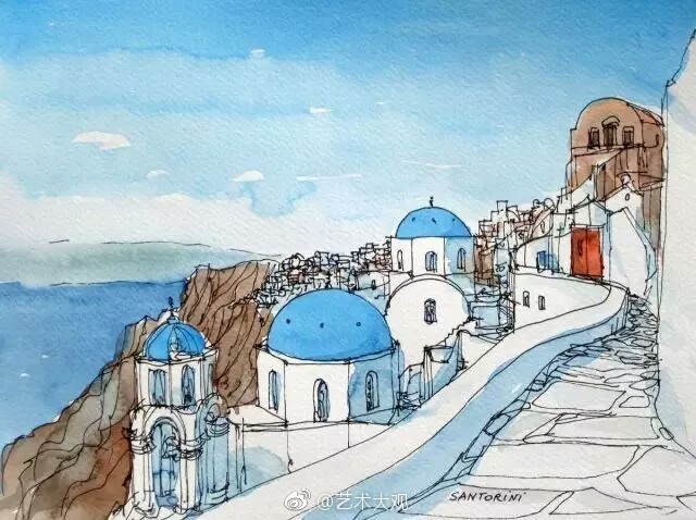 钢笔淡彩画 | 希腊插画家Andrevoyy的钢笔水彩建筑风景大多都是描绘了