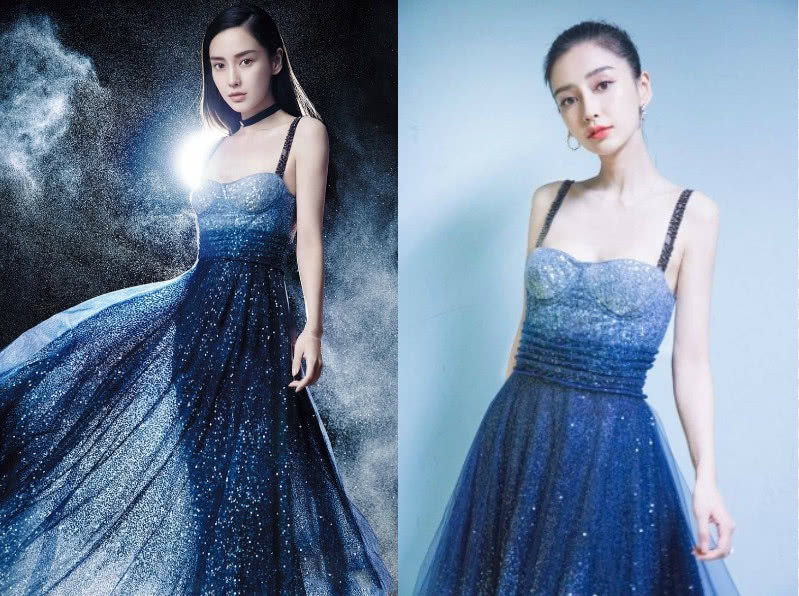 angelababy礼服星空,angelababy星空礼服裙 曾身穿蓝色星空长裙,其渐变亮面低胸吊带礼服配以粉色高跟鞋,抹胸无袖