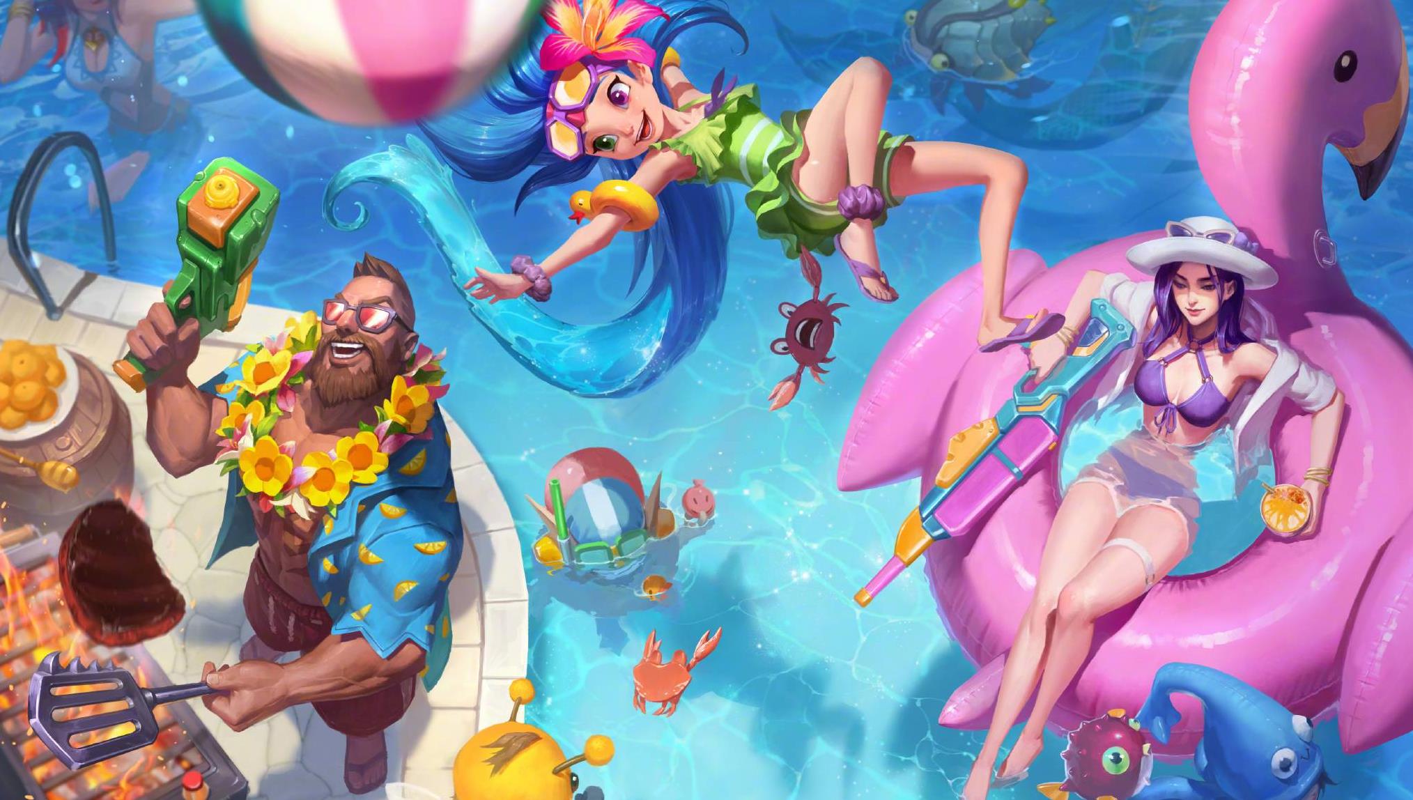 lol壁纸高清壁纸 派对,lol壁纸高清壁纸 盲僧 lol:泳池派对皮肤正式上线 这个女警怎么那么像rita?
