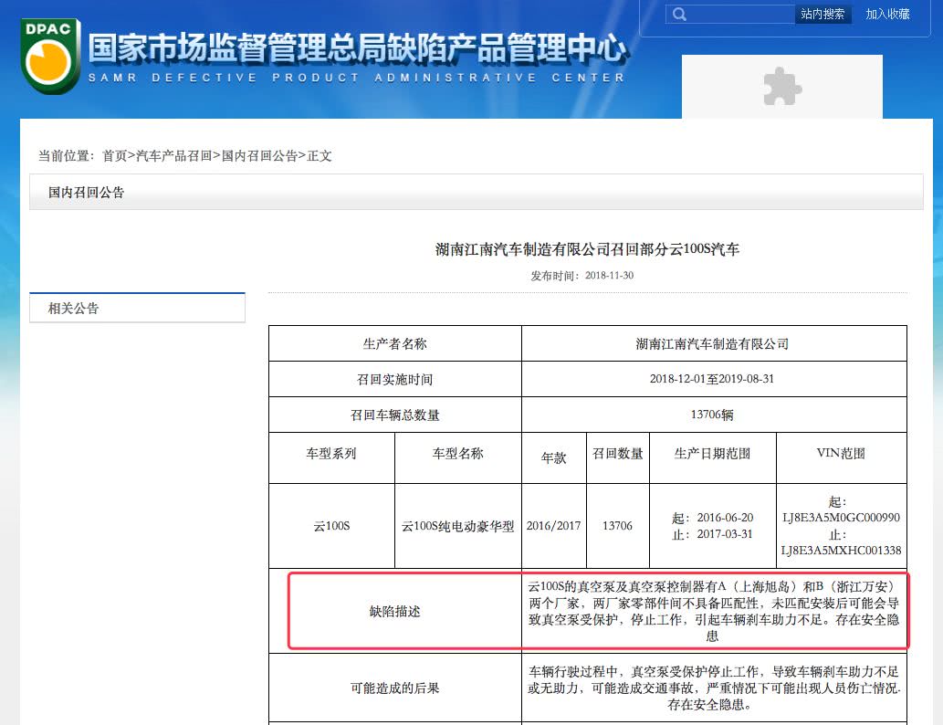 刹车存在缺陷，1.37万辆众泰云100S被召回