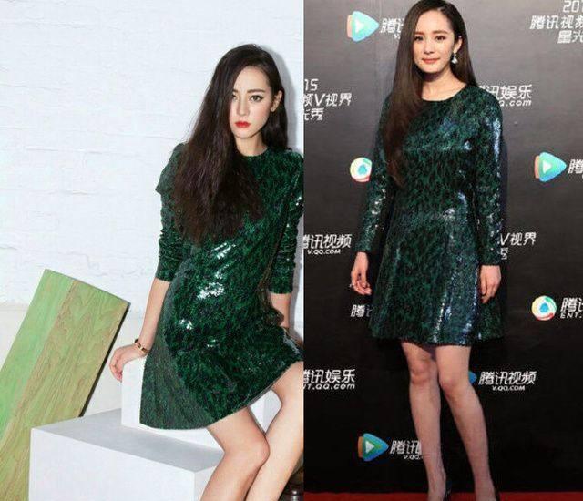 杨幂和胖迪这件绿色的裙子,显然杨幂穿上比较显胖,搭配黑色的高跟鞋有
