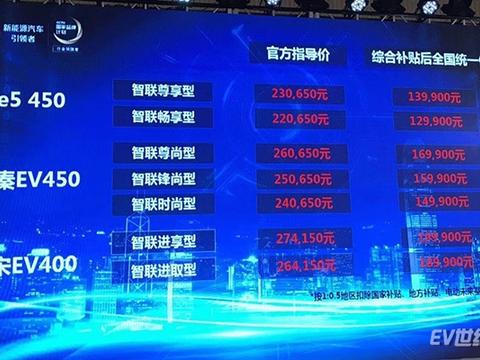 比亚迪秦EV450/e5 450/宋EV400上市 最便宜的仅12.99万起售