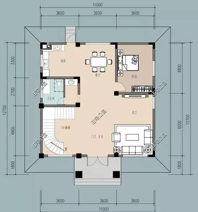 11x12米别墅户型图,11米宽12米长建房图 平面布局图: 别墅占地11x12米,空间大气通透,很适合农村家庭自建生活!