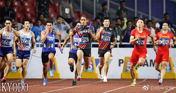 日本队亚运会男子4x100米接力战胜中国