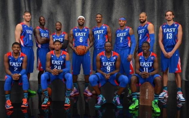 nba往年东部全明星全家福詹皇拿球拿到手软08年名宿来蹭照