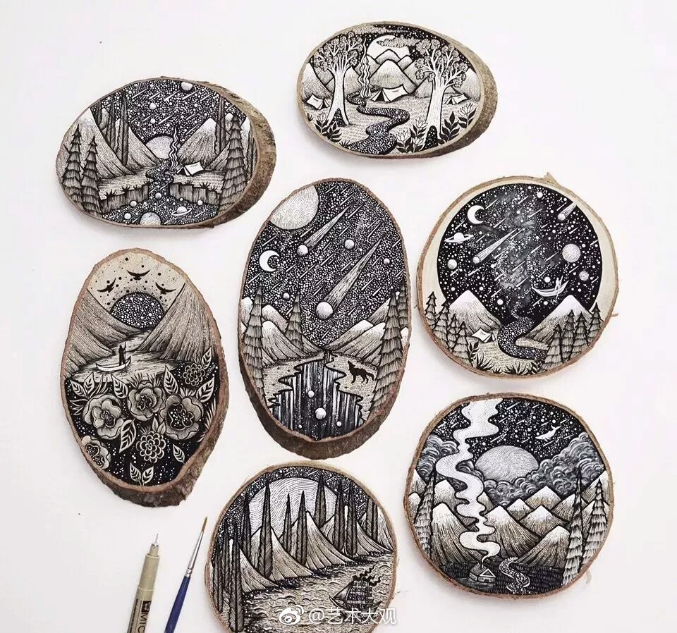 诗和远方女艺术家menichatzipanagiotou画在木桩截面上的装饰画