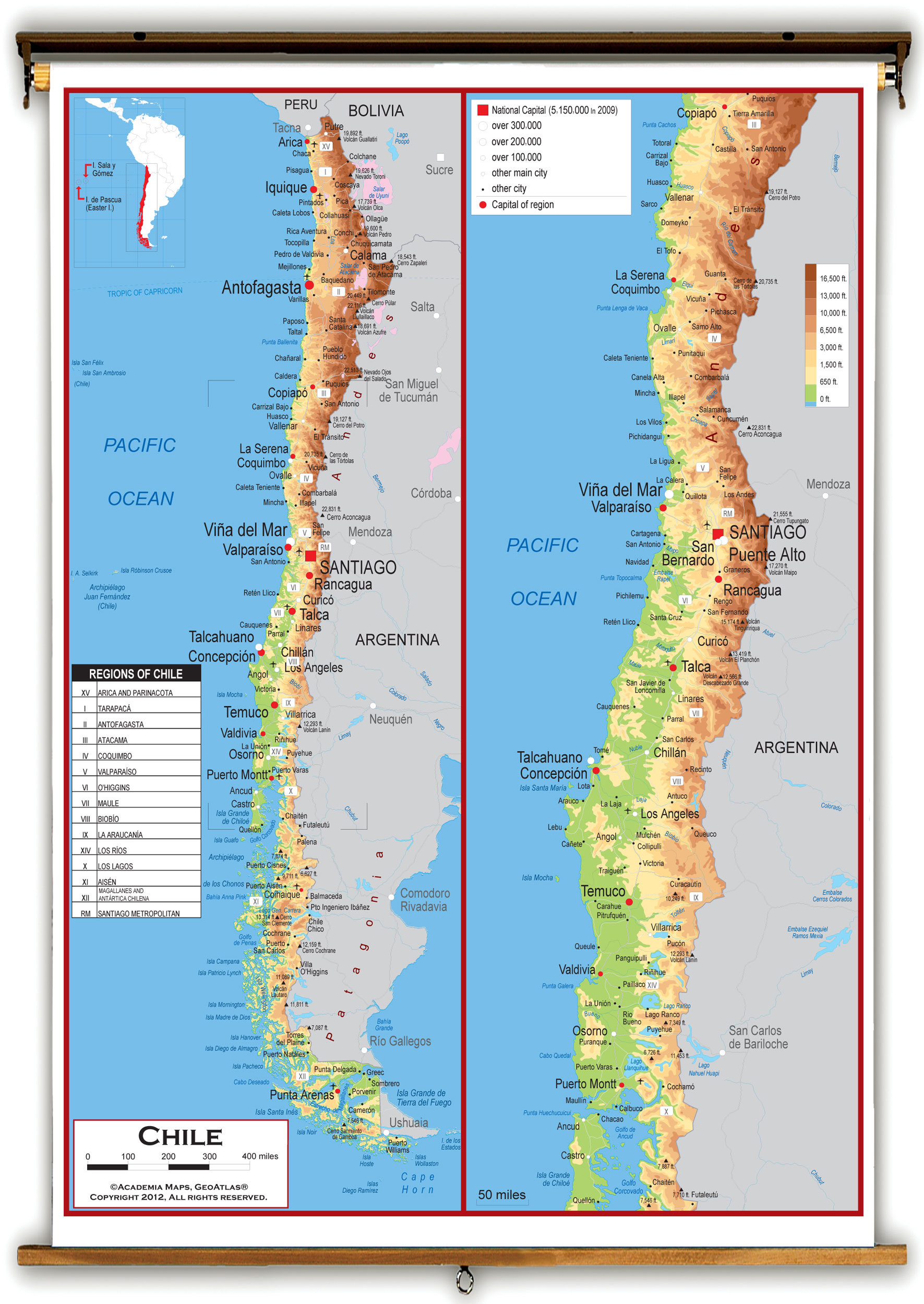 智利国土形状又细又长不适合做成我们常见的那种挂图地图