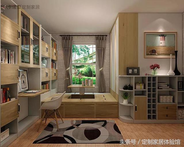 一体化书柜书桌与榻榻米相连设计,完善书房功能的同时,带来海量藏书