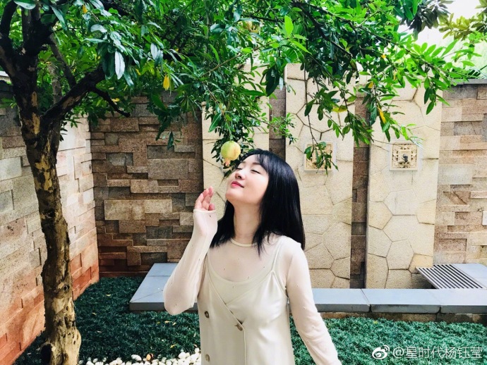 47岁杨钰莹清晨晒美照,与石榴“共舞”,满满18岁少女感!