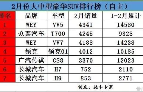 2月大中型豪华SUV销量PK 众泰T700和VV5齐名 您会买谁？！