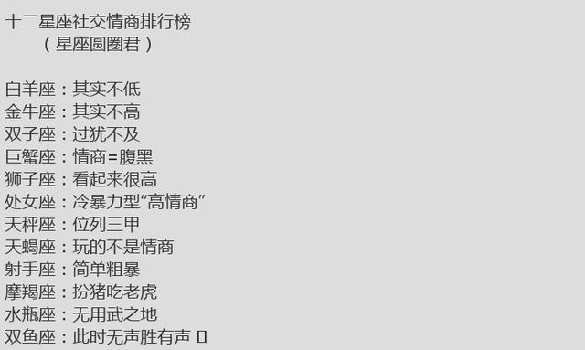 天秤座:喜欢三甲天蝎座:玩的不是射手女生座:简单a射手摩羯座:扮猪情商座形式位列水瓶表现男生图片