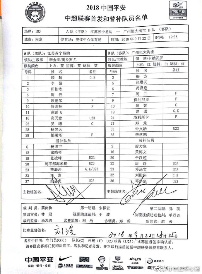 今晚中超各场比赛首发名单,来自@中超24小时