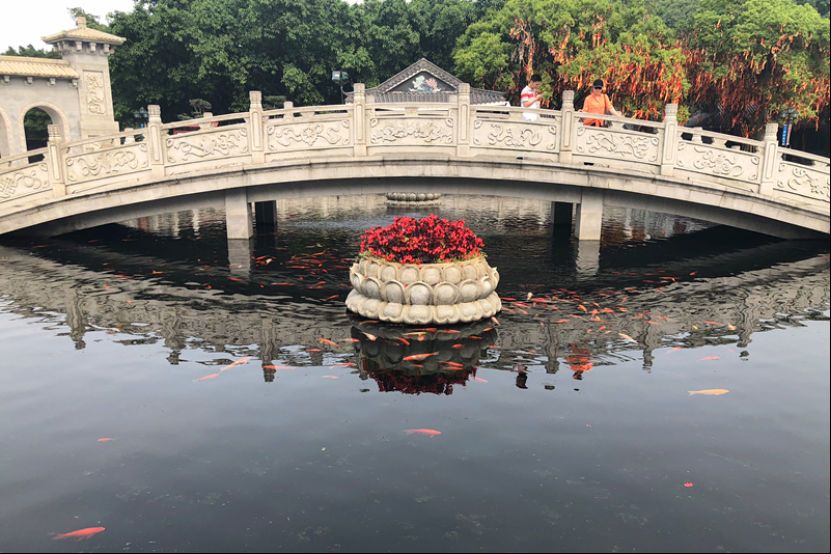 平地广场即是放生池,放生池围以白石栏杆,上雕莲花纹饰,护栏中间嵌以"