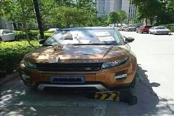 路虎因占车位被栓狗链,车主看到车上字条后笑