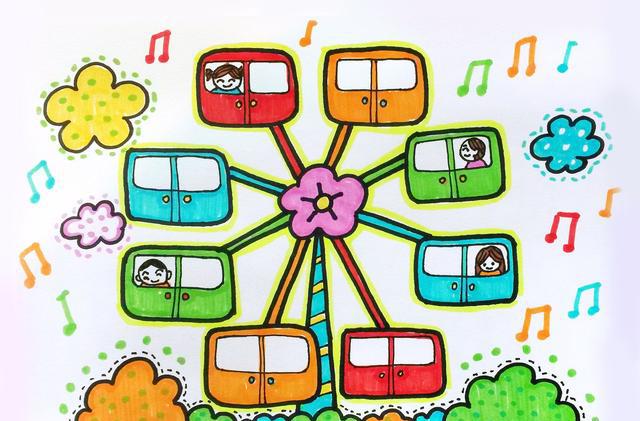 简笔画教程 小朋友一起来学画儿童画游乐场摩天轮!