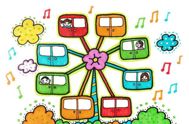 简笔画教程 小朋友一起来学画儿童画游乐场摩天轮!