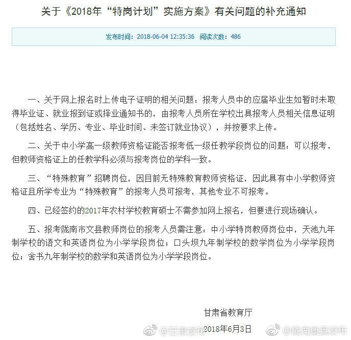 快看!2018年甘肃特岗计划补充通知