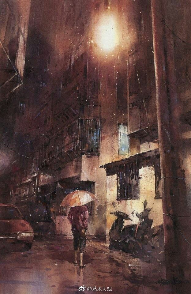 台北的雨夜 | 林经哲水彩作品