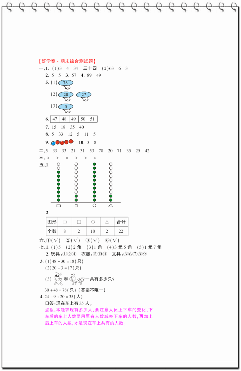 超简单的一年级下册数学期末考试试卷, 可是班