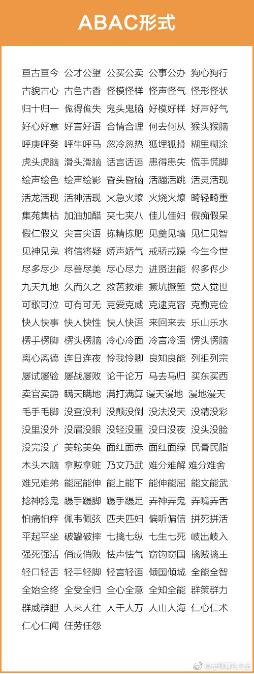 成语\/词语汇总:AABC、ABCC、AABB、