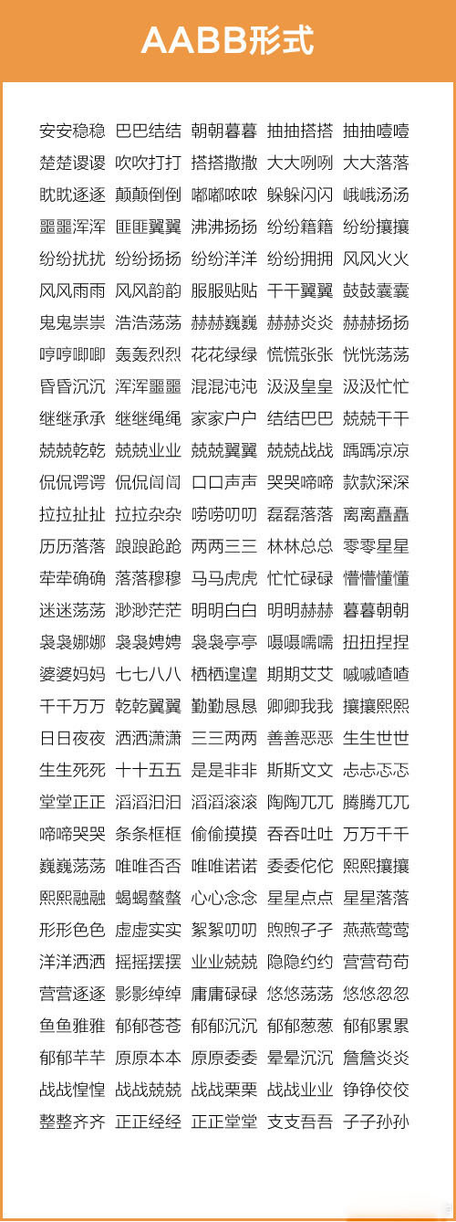 成语词语汇总:AABC、ABCC、AABB、