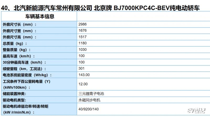 北汽新能源LITE长续航版即将上市 综合续航301公里