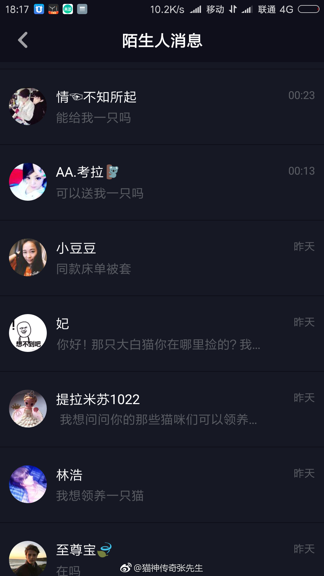 抖音和快手上每天的私信里评论里全是要领养猫的