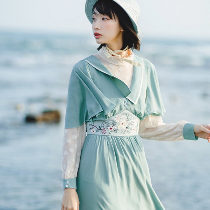zhi/青涩少女/气质优雅复古少女刺绣拼接长款连衣裙2018春新款 天青色