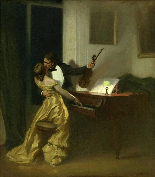 油画中弹钢琴的女性形象