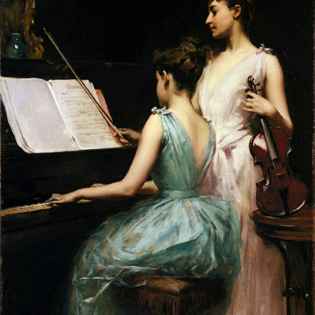 油画中弹钢琴的女性形象