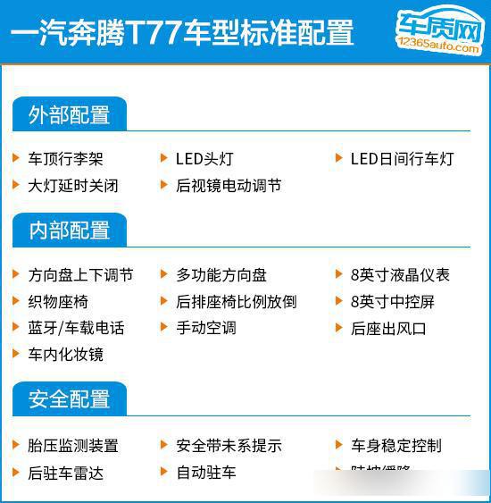 推荐次顶配车型 一汽奔腾T77购车指南